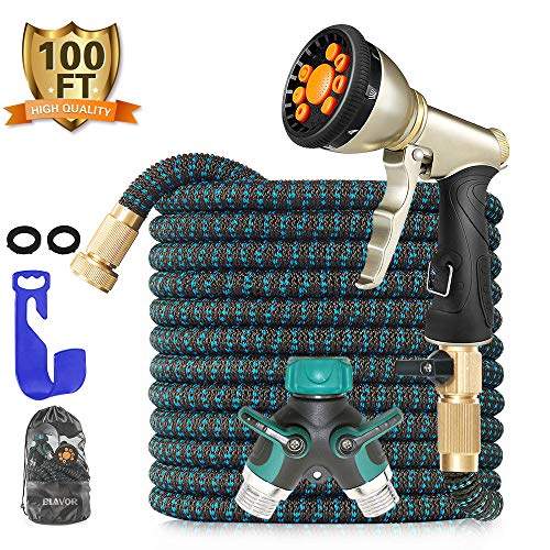 BLAVOR Expandable Garden Hose 100ft Flexible Lightweight Water Hose Strongest Expanding Hose with 10-Way Heavy Duty Zinc Water Spray Nozzle & 2-Way Splitter [ 2019 New Upgraded ]