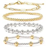 Bohxantium Gold Beaded Bracelets for Women 14K Gold Plated Beads Ball Silver Stackable Stretch Elastic Adjustable Bracelet Stack Non Tarnish Trendy Jewelry Set Adjustable Christmas Gifts for Women