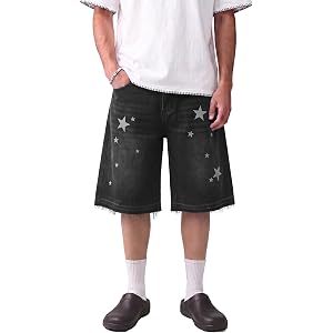 Sopula Studio Baggy Jean Shorts Men Jorts, Y2k Wide Leg Jeans, Mens Denim Shorts Star Patch Comfy Casual Streetwear