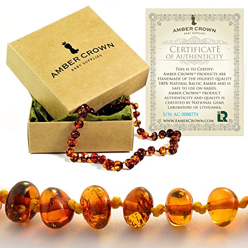 Amber Teething Necklace for Babies - Anti Inflammatory, Drooling and Teething Pain Reducing Natural Remedy - Made of Highest Quality Certified Baltic Amber - Perfect Baby Shower Gift - (Honey)