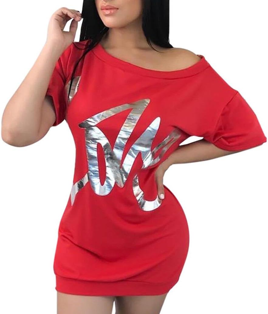 Women's Mini Dress, Sexy Off Shoulder Love Letter Print Casual Short Sleeve Bodycon Dresses Tunic Tops