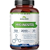 Zazzee Myo-Inositol Capsules, 2000 mg per Serving, 120 Vegan Capsules, Ideal Dosage for 40:1 Ratio, Certified Kosher, Hormone Balance & Healthy Ovarian Function Support, Non-GMO, Made in The USA