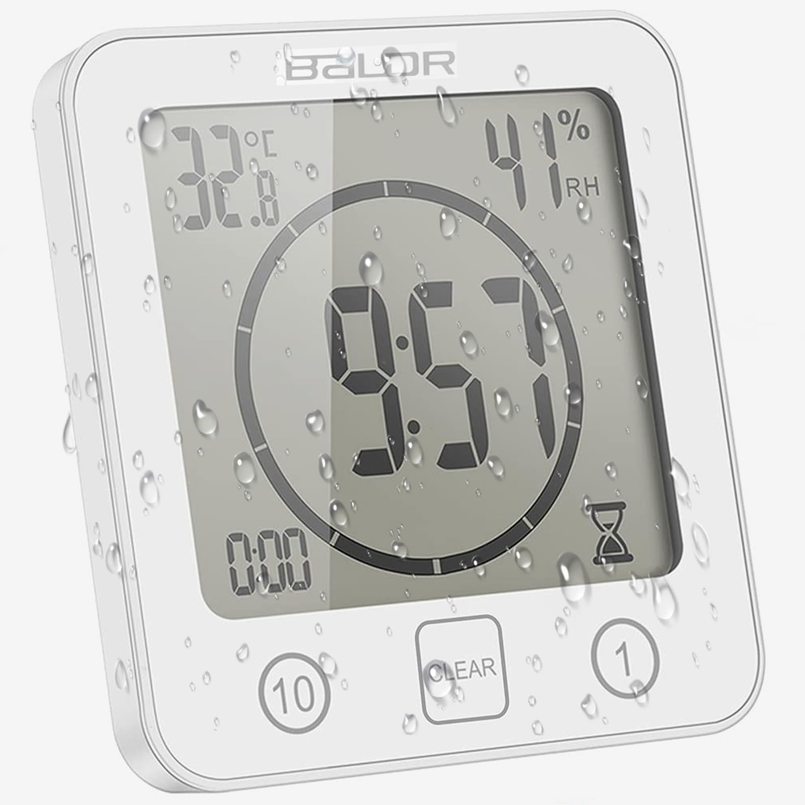 ZONJIE Waterproof Bathroom Clock - Digital Shower Timer With Suction Cup, Temperature and Humidity Display, Touch Wall Clock (White)