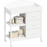 Yetom Changing Table, 3 Drawers&amp;2 Shelves, Changing Table Dresser, White | Baby Changing Table,Waterproof Diaper pad &amp; Safety Strap, Mobile wheels, Baby Dresser with Changing Table Top, Nursery
