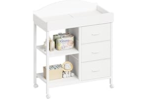 YeTom Changing Table Dresser, Baby Dresser with 3 Fabric Drawers and 2 Shelves, Multi-Functional Baby Changing Table with Pad, Classic Nursery Dresser, Diaper Changing Station for Nursery, White