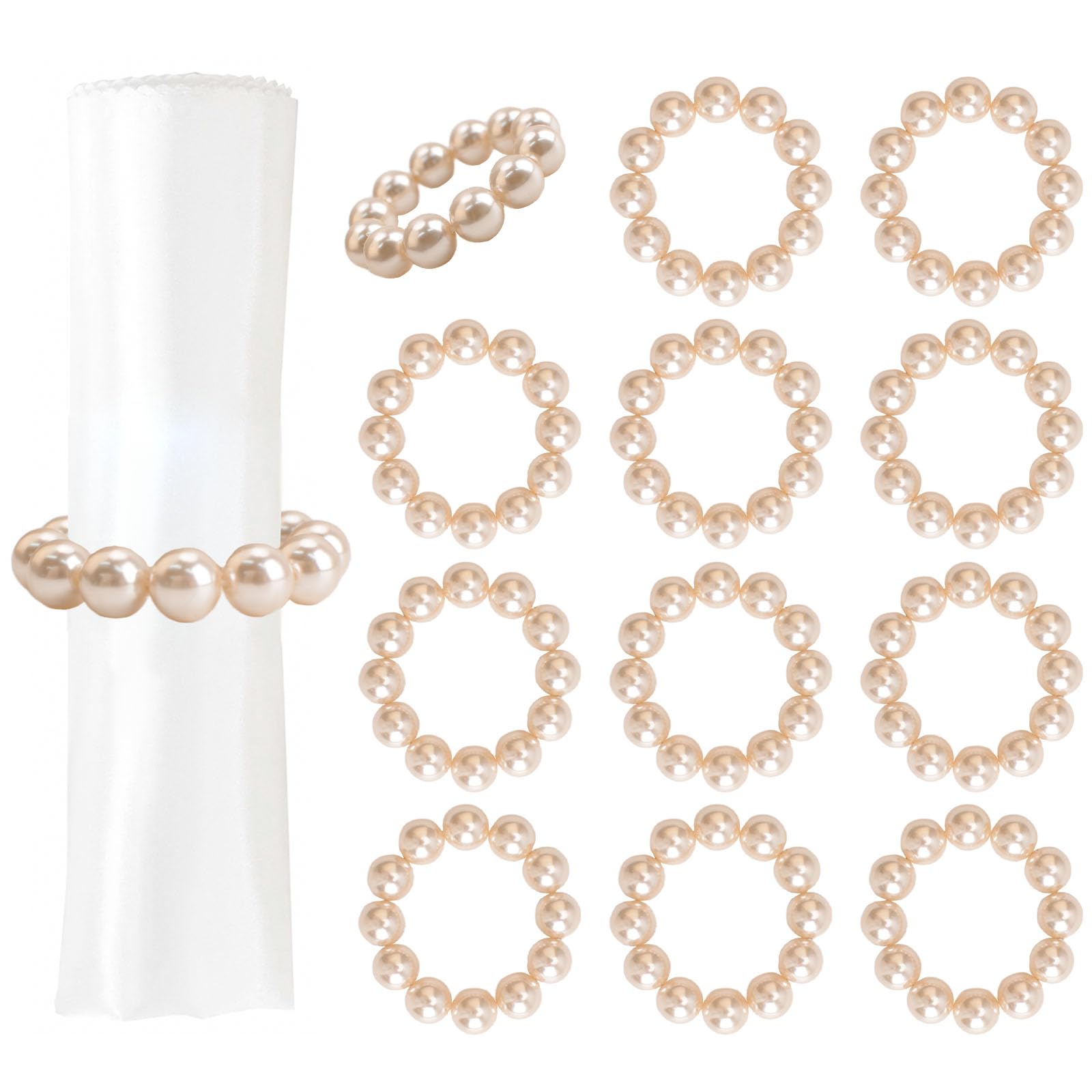 URROMA 12Pcs Pearl Napkin Rings, Champagne Pearl Napkin Holders Buckles Adjustable Napkin Rings for Wedding Party, Dinner, Table Decor,4cm