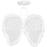 DERAYEE Angel Wings and Halo for Kids, Feather Angel Costume White Fairy Angel Wings Headbands for Adult Girls Christmas Cosplay Party
