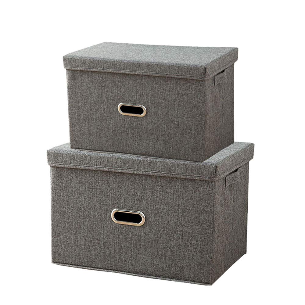 Storage Cubes with Lids, Cotton linen Foldable Storage Boxes with Strong Handle, Organizer Containers Baskets Bins with Cover for Home, Bedroom, Closet, Office, Nursery, Living Room - 2 Pack (Grey)