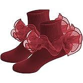 PLZSITDOWN Girls Ruffle Socks Lace Frilly Cotton Turn Cuff Dress Socks