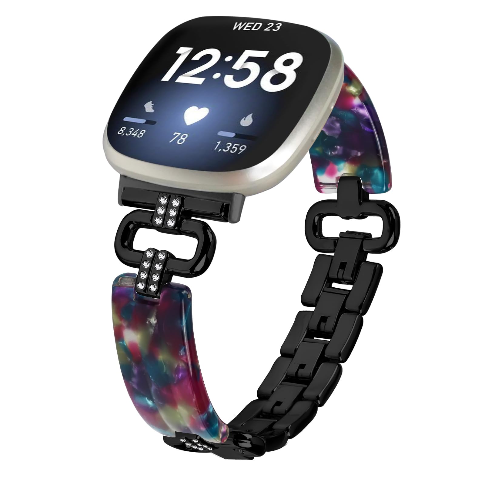 Miimall Alloy Resin Strap for Fitbit Versa 4/Versa 3/Fitbit Sense 2/Sense Band, Bling Rhinestone Wristband, No Gap Metal Band for Fitbit Versa 4, Adjustable Replacement Strap for Women Girl-Black