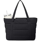 Narwey Puffer Tote Bag for Women with Cup Holder & Laptop Compartments, Quilted Puffy Travel Work Tote Bags for Nurse Teacher