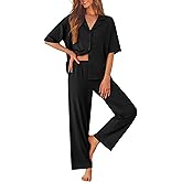 Ekouaer Women Pajamas Set Button Down Sleepwear Short Sleeve Pjs Soft Comfy Nightwear with Long Pants S-XXL