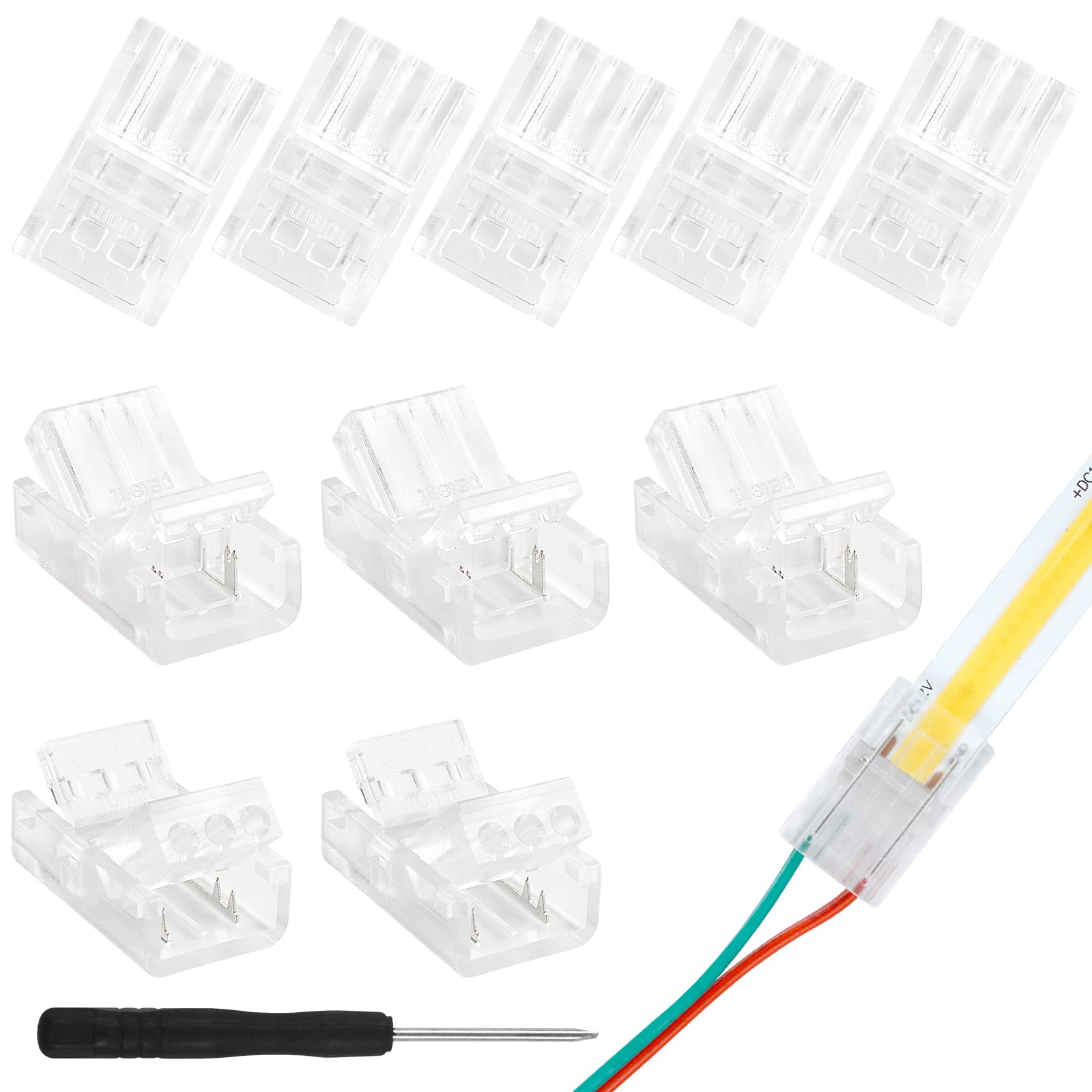 Aroidful 10Pcs 2 Pin 10mm COB LED Strip Light Connectors Gapless Solderless Connectors Strip to Wire Quick Connectors Adapter for COB LED Strip Lights 36V 5A