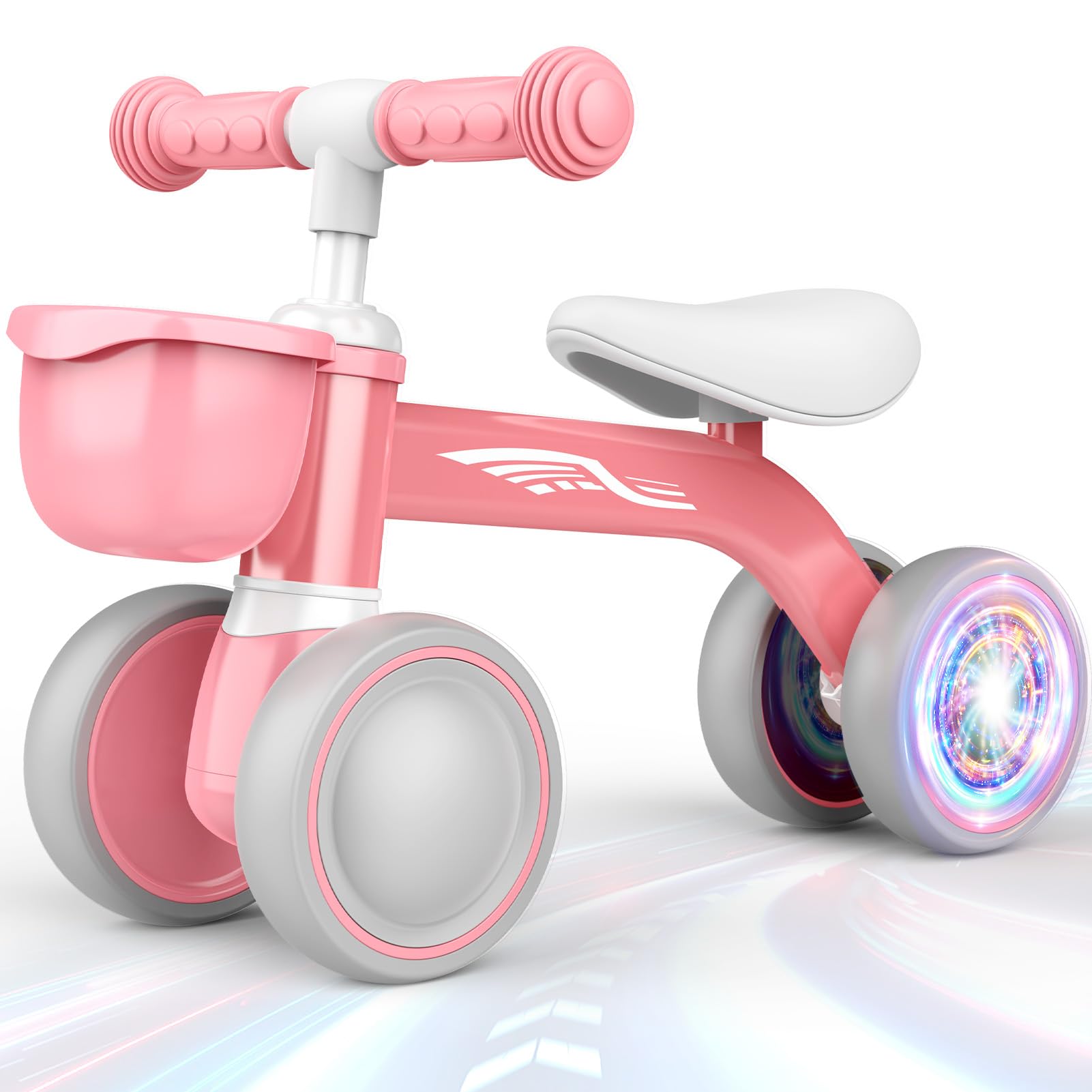 HappyGoLucky Balance Bike 1 2 3 Year Old, 1st Birthday Gifts for Girls Outdoor Toddler Toys for 1-3 Year Old Girls Gifts, Garden Bike for 12-24 Months Baby Walker With LED Lights, Removable Basket