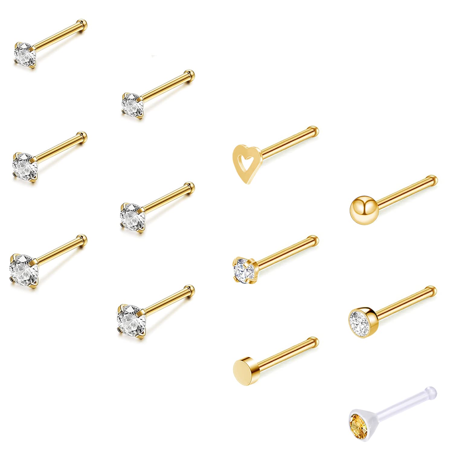 ZS 12Pcs 20G Nose Studs Rings - Surgical Steel L Shape Nose Bone Nose Screw CZ Nostril Piercing Jewelry for Women (Gold,Straight nose rings)