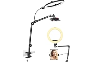 ZIKZOK Overhead Camera Mount with 10" Foldable Ring Light & Super Phone Holder for Desk, Overhead Tripod with Phone Mount Arm Stand for Viedo Recording