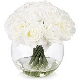 ENOVA FLORAL 16 Heads Silk Rose Artificial Flowers in Vase,Faux Rose Flowers Arrangement in Round Bowl Vase with Faux Water for Table Decor Centerpieces (White)