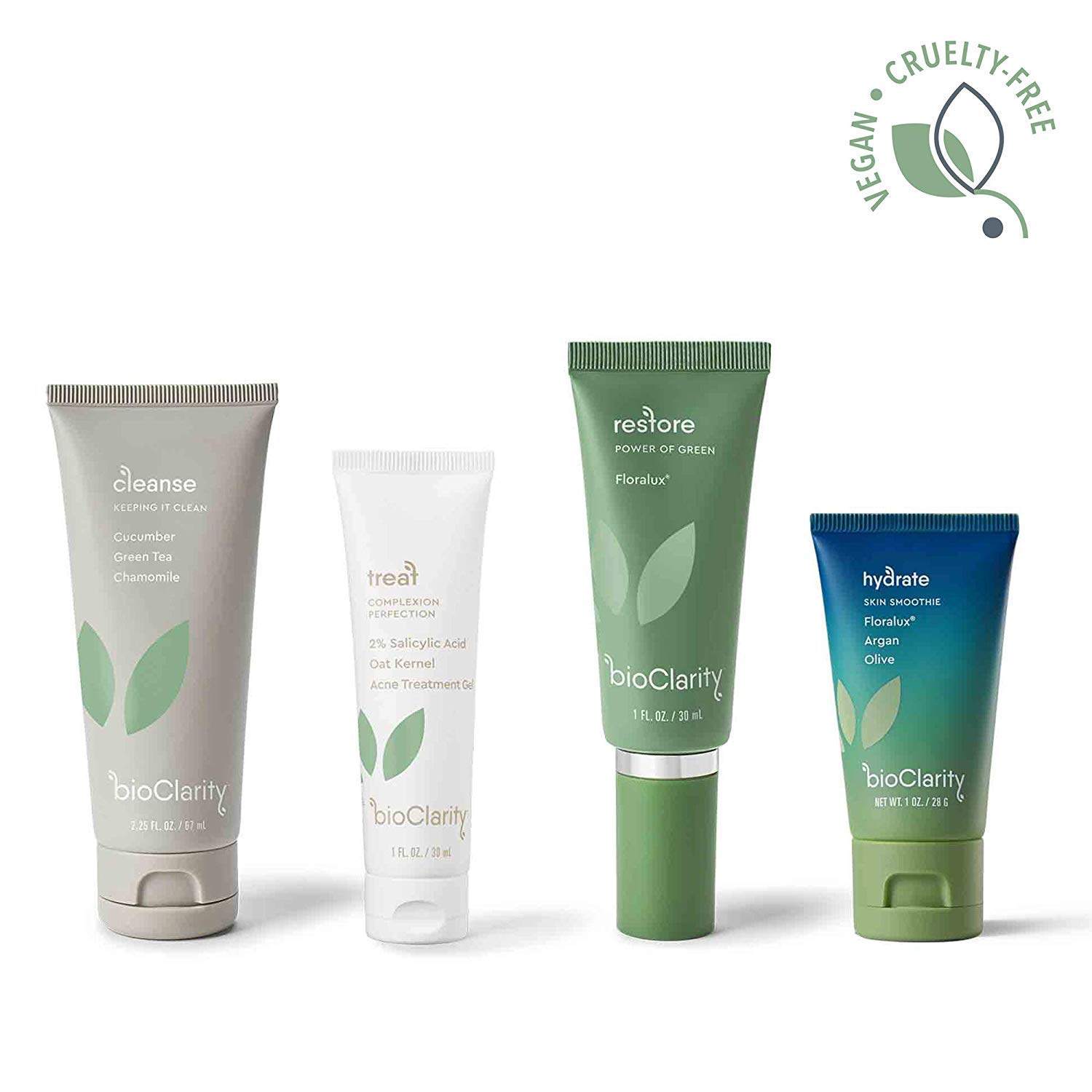 bioClarity 3-Step Clear Skin Routine (Mini Size) + Hydrate Moisturizer for Oily or Acne-Prone Skin | 100% Clean, Vegan Ingredients