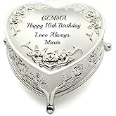 KateMelon Personalized Silver Heart Jewelry Box - Engraved Small Trinket Box - Floral Keepsake Gift Box for Girl, Bridesmaids