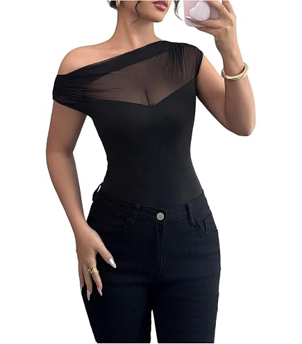 Amazon.com: OYOANGLE Women's Mesh Sheer One Shoulder Bodysuit