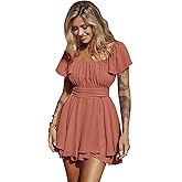 EXLURA Women's 2026 Summer Ruffle Short Sleeve Tie Back Romper Dress Square Neck A Line Cute Dressy Short Jumpsuits