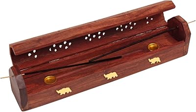 storeindya Wooden Incense Holder Box with Brass Inlay - Rosewood