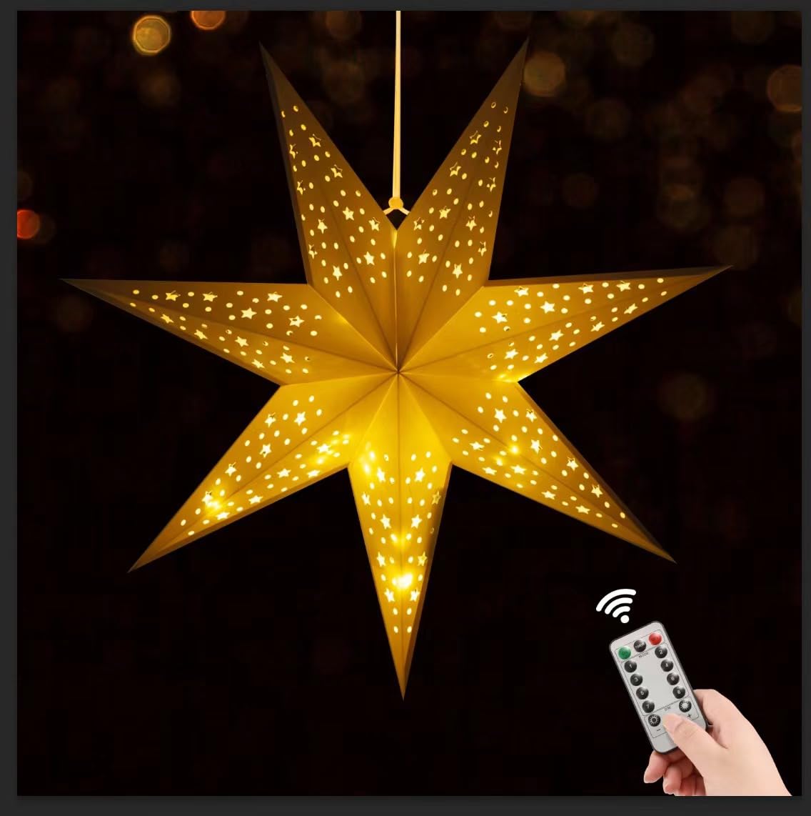 Photo 1 of 24 Inch Paper Star Lantern with 8 Mode 60 LEDs Firework Fairy Lights, 7 Point Foldable, Hollow Out Star Hanging Decoration for Indoor Outdoor Room Wedding Christmas - 1 Pack