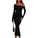 Simplee Womens Fall Long Sleeve Bodycon Sweater Dress 2025 Cable Knit One Off Shoulder Slit Ribbed Club Party Midi Dresses