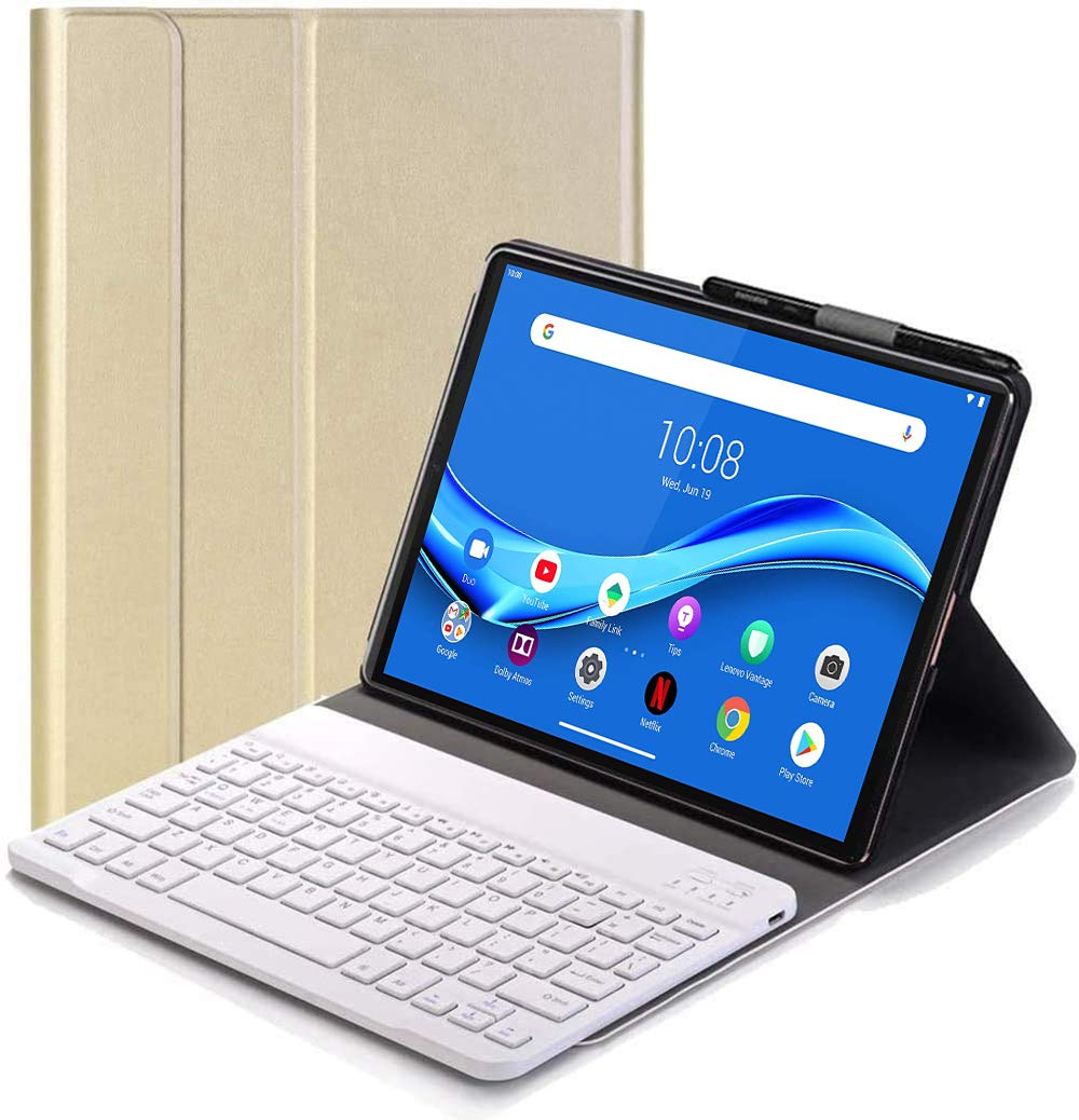 RLTech Keyboard Case for Lenovo Tab M10 FHD Plus - (QWERTY Layout), Ultra Slim Flip with Removable Wireless Keyboard Stand Case Cover for Lenovo Tab M10 FHD Plus TB-X606F 10.3 Inch, Gold