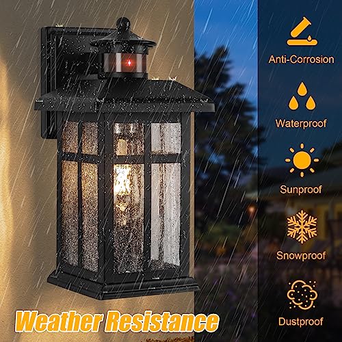 Motion Sensor Outdoor Wall Lights 2 Packs- Updated Dusk to Dawn Outdoor Lighting, Exterior Light Fixtures with E26 Sockets & Tempered Glass, Wall Mounted Black Waterproof Outdoor Lights for House