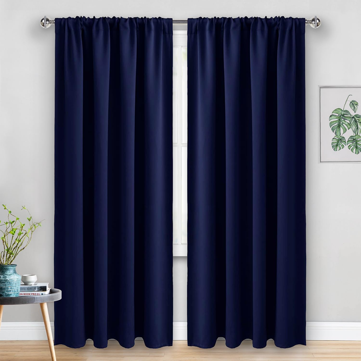 JIUZHEN Blackout Curtains for Bedroom - Thermal Insulated Room Darkening Rod Pocket Curtains for Living Room, Set of 2 Panels with Tiebacks, 52 x 90 Inch Length, Navy Blue Image JIUZHEN Blackout Curtains for Bedroom - Thermal Insulated Room Darkening Rod Pocket Curtains for Living Room, Set of 2 Panels with Tiebacks, 52 x 90 Inch Length, Navy Blue Image