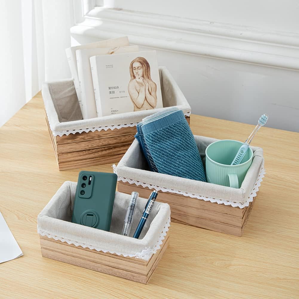 Quan Shuo 3-Piece Set Rustic Decorative Wooden Nesting Storage Box With Washable Linen, White Storage Box For Storage, Organization and Display (White754): Home Improvement