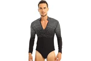 CHICTRY Men Rhinestones V-Neck Long Sleeve Bodysuit Latin Tango Rumba Dance Shirt Blouse Leotard