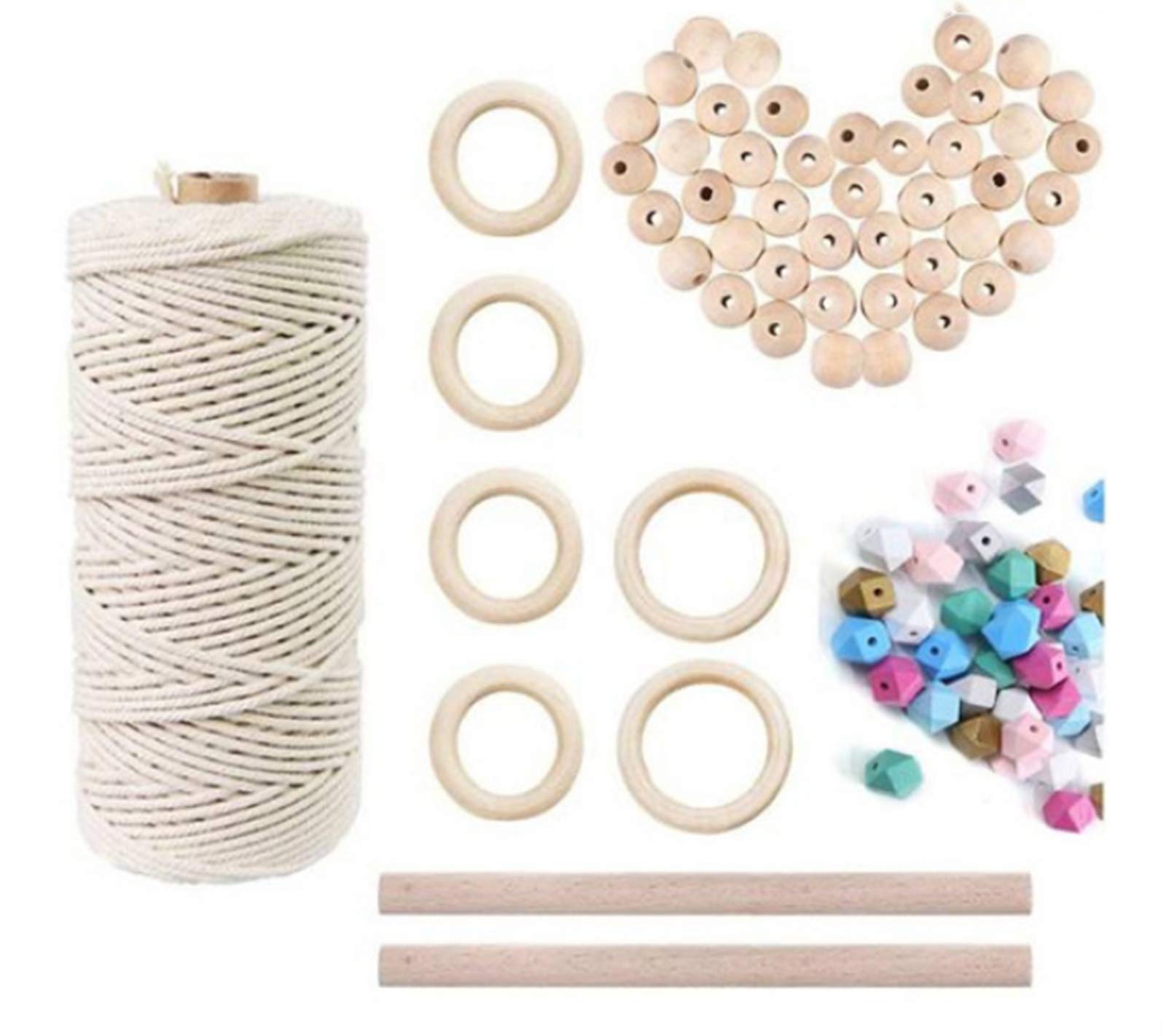 Binwat Macrame Rope Kit Supplier Cotton Rope Set for Starter 3mm x 109Yards Natural Cotton Macrame Cord with Wooden Rings,Wooden Sticks,Macrame Supplies for Plant Hangers Crafts Knitting (Set F)