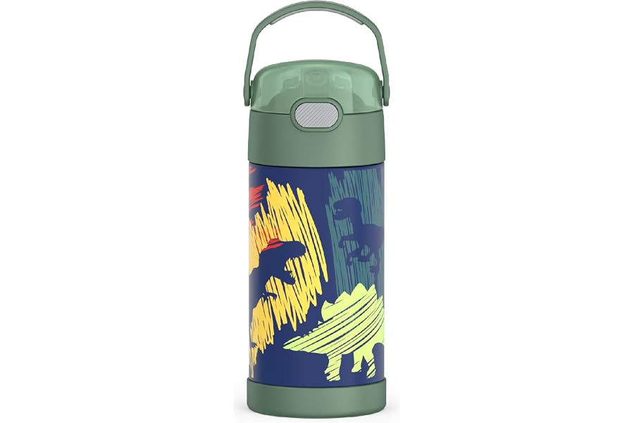 THERMOS FUNTAINER Water Bottle with Straw - 12 Ounce - Kids Stainless Steel Vacuum Insulated Water Bottle with Lid, Dinosaurs Book