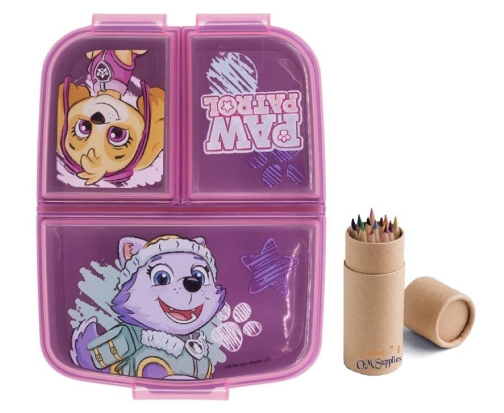 OM SUPPLIES Girl Reusable Sandwich Lunch Box 3 Multi Compartment Kids Children School Includes Half Size 12pcs Pencil Set (Girl)