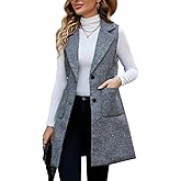 Kedera Long Vest for Women Sleeveless Tweed Blazer Jacket Sleeveless Pocket Outerwear Longline Trench Coat