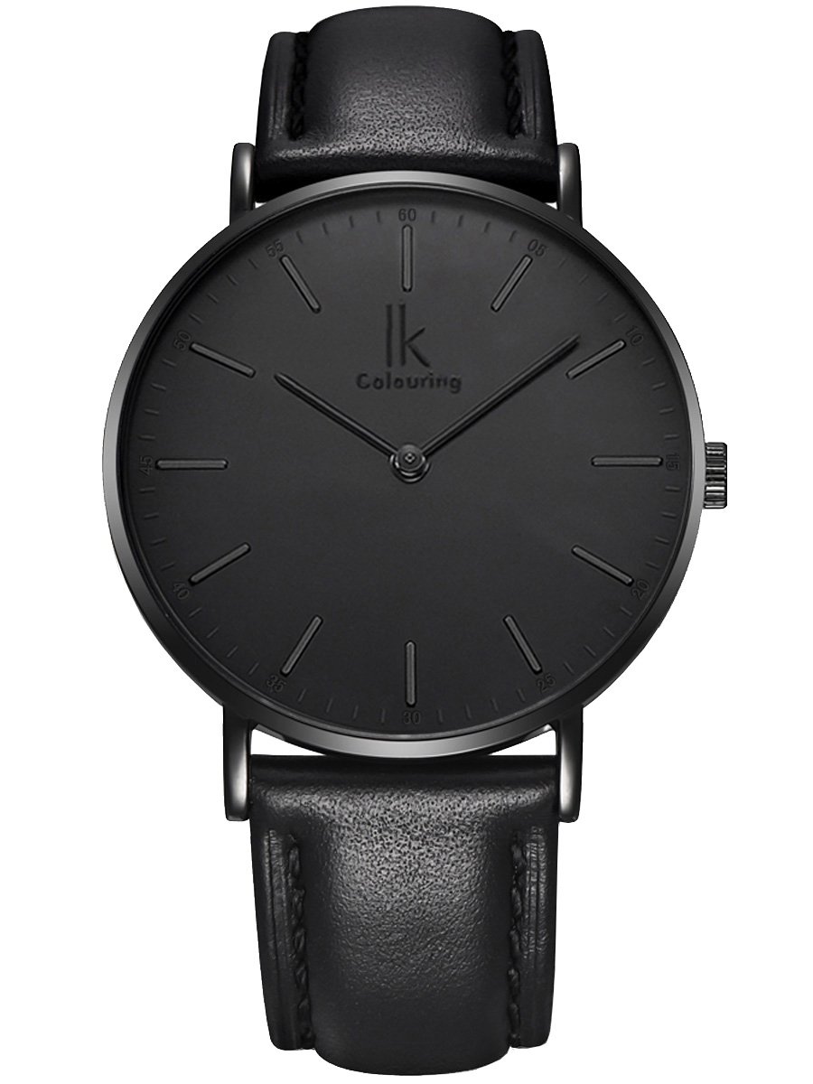 Alienwork IK All Black Watch Men Women Black Leather Strap Ultra-Thin