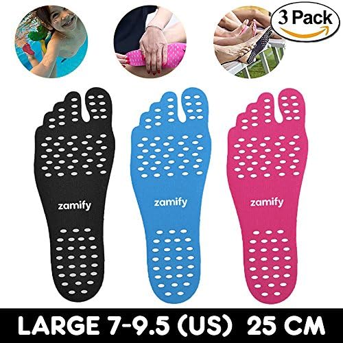 NEW Zamify Hypoallergenic Adhesive Stick On Feet Pad Nakefit Non-slip Invisible Waterproof Barefoot Protection for Walking Running in the Beach, Park Pool, Spa, Sauna Blue Pink Black - 3 Pairs (Large)