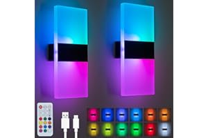 SURPALIG RGB Wall Sconces Set of 2 LED Lights for Room Decor, 12 Colors Switchable Remote Dimmable Night Light 3600mAh Battery Operated, Rechargeable, Magnetic Cordless Wall Lights for Bedroom