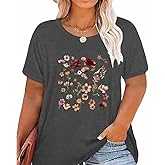 GeLivable Women Short Sleeve Plus Size O-Neck Vintage Flower Botanical Graphic Printed Shirt Casual Top Tshirt Tunics