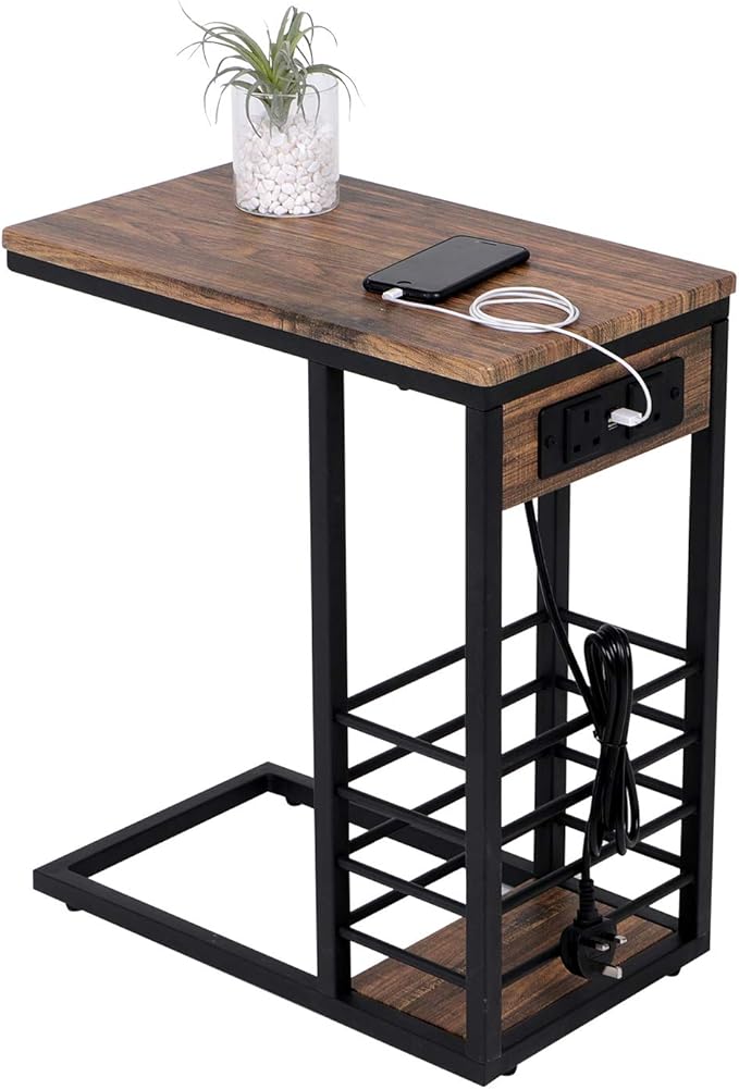 Beliwin Living Room End Table with Storage and USB Plug, Small Side
