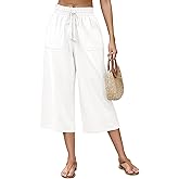 LOMON Women's Linen Capri Pants Wide Leg with Drawstring Elastic Waist Casual Cropped Pant