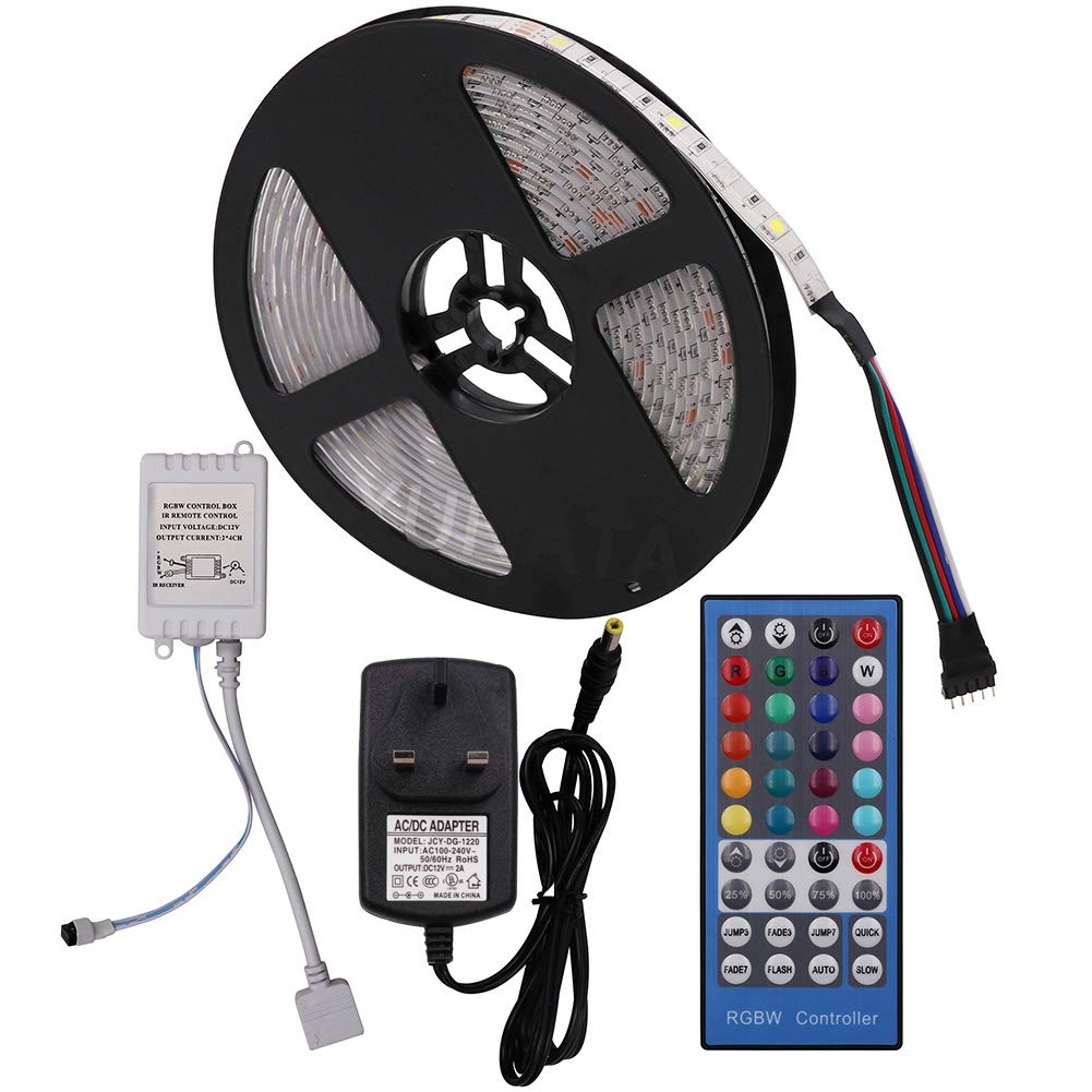 GQL 5m RGBW LED Strip Remote Kit, IP65 Waterproof, 5050 300 Units Self Adhesive LED Tape + 40 Keys Remote Controller + 12V 3A Power Supply (RGB+ Warm White)
