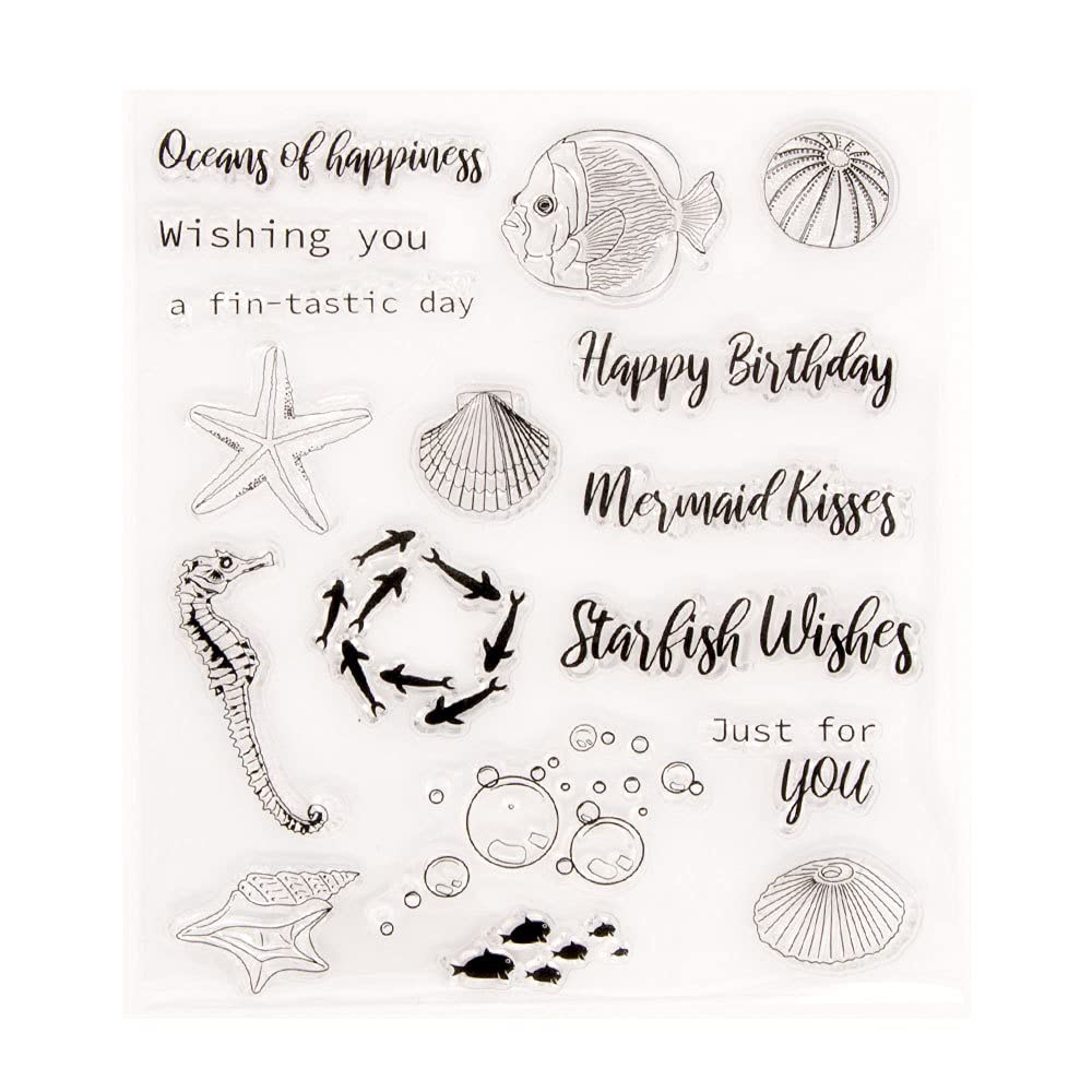 arriettycraft Seaworld Starfish Seashell Seahorse Whale Happy Birthday Bubles Stamps Rubber Clear Stamp/Seal Scrapbook/Photo Album Decorative Card Making Clear Stamps