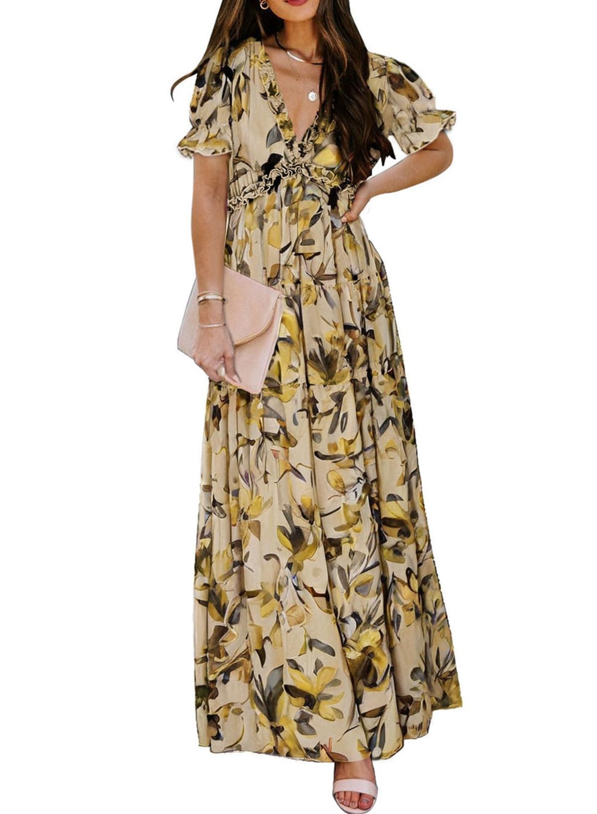 Photo 1 of BLENCOT Women's Casual Boho Floral Printed Deep V Neck Loose Short Sleeve Long Evening Dress Ruched Cocktail Party Maxi Wedding Dress Yellow Medium
