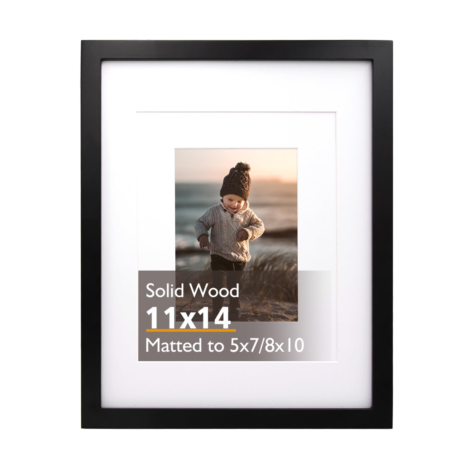 KINLINK 14x11 Picture Frame Black, Wood Frames with Acrylic Plexiglass for Picture 7x5/10x8 with Mat or 14x11 without Mat, Tabletop and Wall Mounting Display