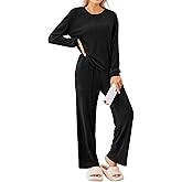 Ekouaer Lounge Sets for Women Ribbed Knit Pajama Sets 2 Piece Long Sleeve Pjs Soft Loungewear Outfits with Pockets