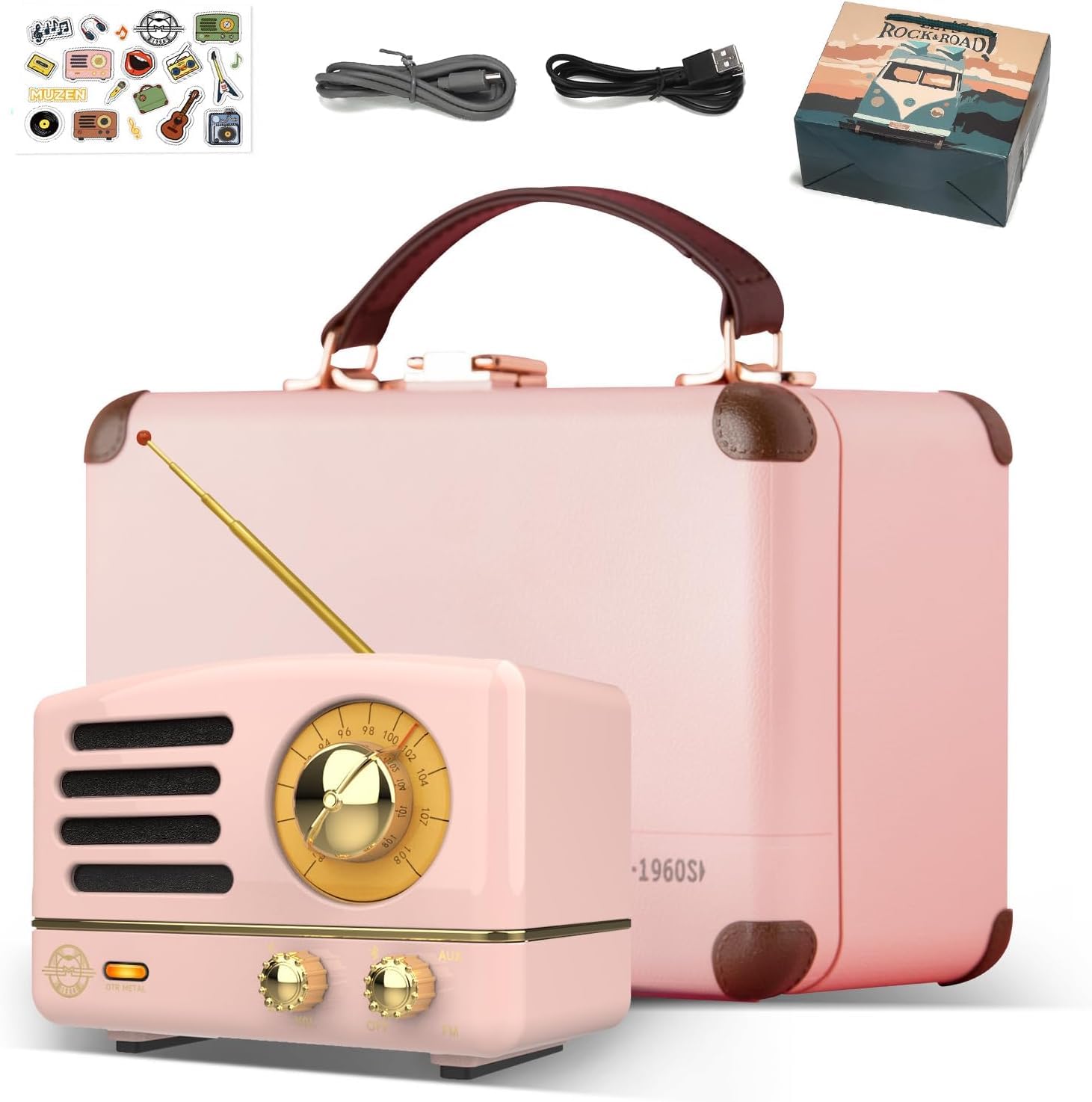 Photo 1 of Muzen Portable Bluetooth Speaker, OTR Metal Retro Small Wireless Speaker, FM Radio with Antenna AUX, 10h+ Long Playtime, High Fidelity Stereo Audio with Suitcase, Room Office Decor, Festival Gift