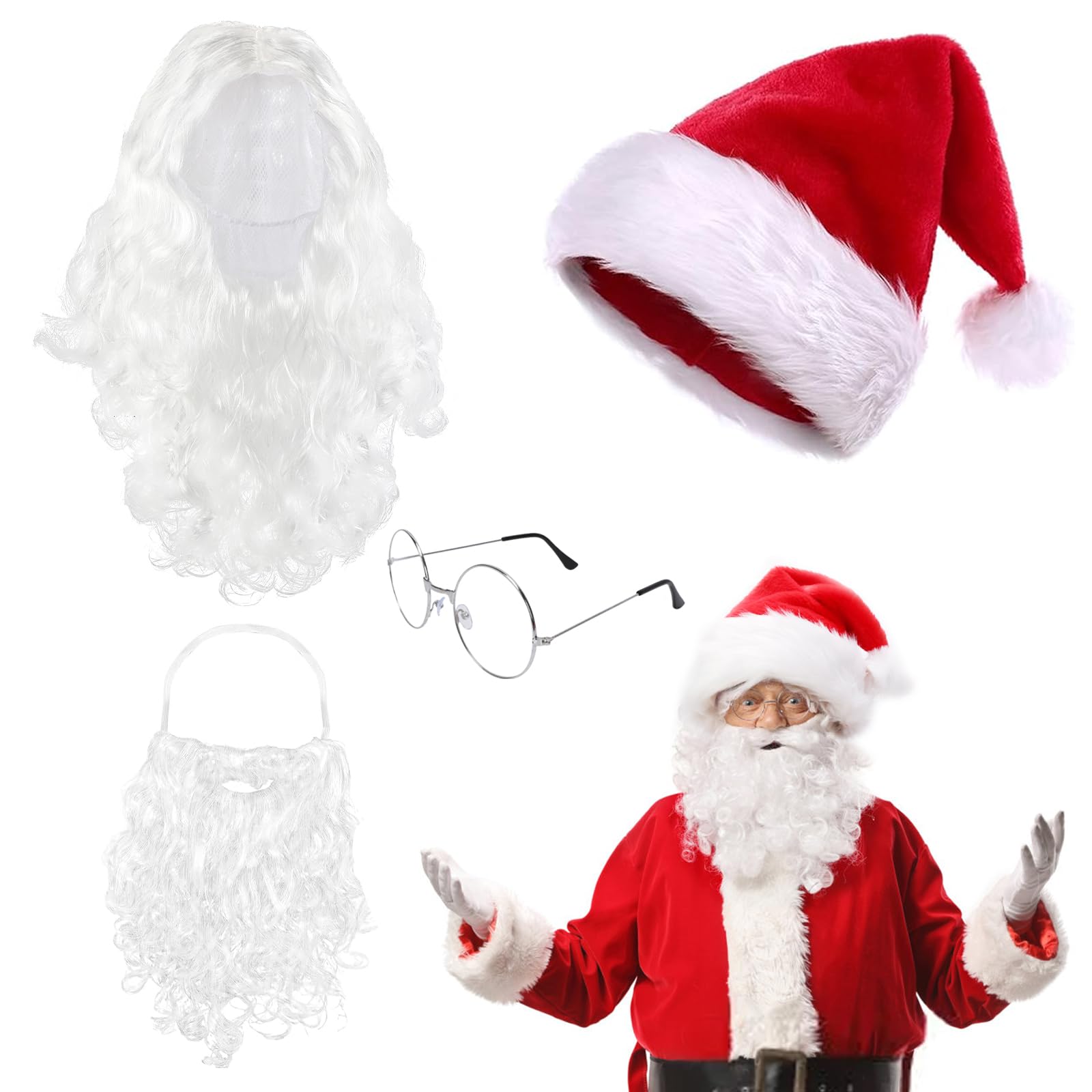 Landifor 4 Pcs Santa Claus Costume Accessories Kit for Adult Christmas Claus Costume Set Xmas Santa Hat Santa Beard Wig Santa Claus Glasses for Adults Christmas Party Family Gathering Dress Up Decor